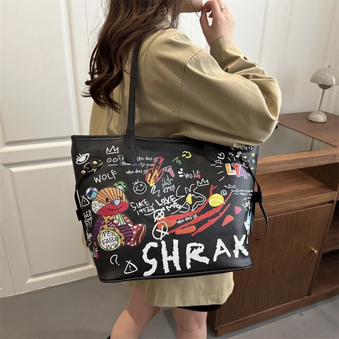 Borsa Tote da Donna Grande Capacità in Pelle PU Stampa Graffiti Orso Cartone Animato Borsa a Spalla Casual Lavoro Scuola