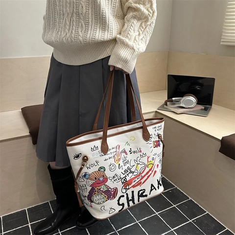 Borsa Tote da Donna Grande Capacità in Pelle PU Stampa Graffiti Orso Cartone Animato Borsa a Spalla Casual Lavoro Scuola