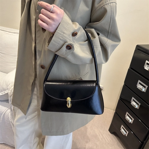 French Vintage PU Leather Underarm Shoulder Bag For Women Solid Color With Gold Rotating Lock Chic Versatile Fashion Purse