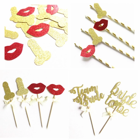 Bachelorette Party Decoration Set Glitter Lips Novelty Shape Cake Toppers Straws And Confetti For Hen Party Wedding Events