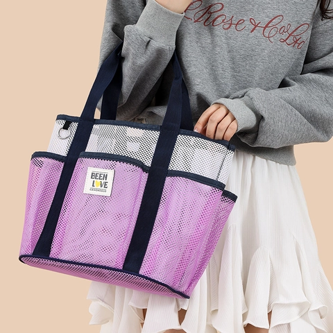 Bolso Tote de Malla para Mujer Gran Capacidad Transpirable Bolso de Mano de Playa Múltiples Bolsillos Almacenamiento de Viaje Bloque de Color