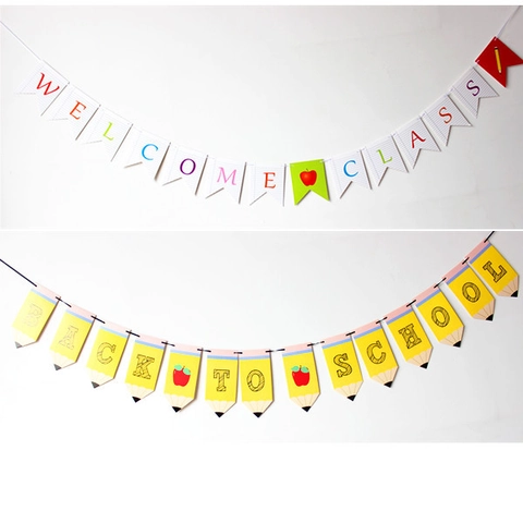 Pancarta Regreso a Clases Diseño Lápiz Manzana Papel Welcome Class Guirnalda Para Decoraciones De Fiesta Escolar Aula Niños
