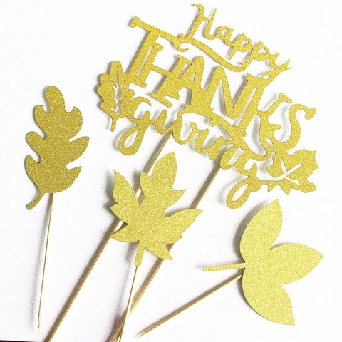 Happy Thanksgiving Taart Decoratie Gouden Glitter Papier Esdoornblad Dessert Decoraties Voor Herfst Verjaardagsfeestje