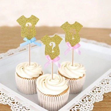 Decorazione Torta Rivelazione Genere Glitter Oro Forma Body Neonato Stecchini Cupcake Con Fiocchi Rosa Blu Decorazione Baby Shower