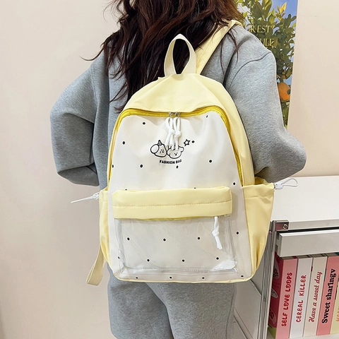 Mochila de Nailon con Lunares Dulces y Bloques de Color Para Mujer Mochila Escolar Kawaii de Dibujos Animados con Bolsillo Transparente