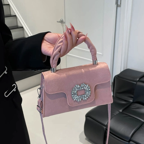 Elegant Women Suede PU Leather Rhinestone Buckle Handbag Minimalist Pleated Handle Shoulder Crossbody Bag Fashion Square Tote