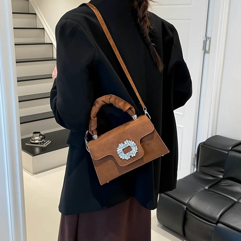 Elegant Women Suede PU Leather Rhinestone Buckle Handbag Minimalist Pleated Handle Shoulder Crossbody Bag Fashion Square Tote