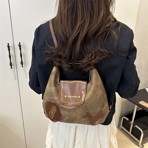 Borsa a Tracolla Vintage Donna in Tela e Pelle PU Patchwork Casual Grande Capacità Borsa a Spalla Con Patch Cane Lettere