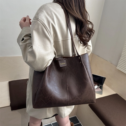 Vintage Große Kapazität PU Leder Tote Bag Für Damen Mode Ziernaht Schulter Unterarmtasche Casual Pendeln Handtasche