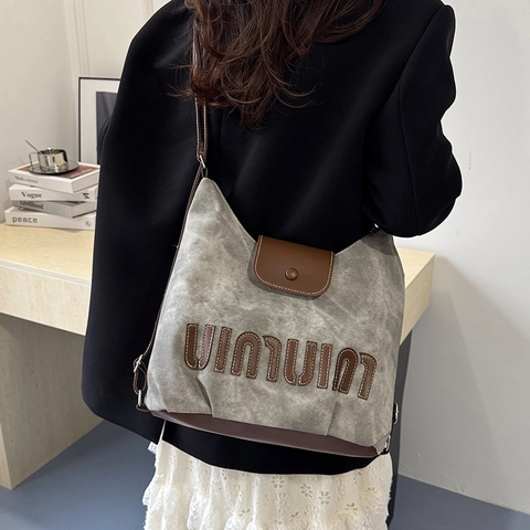 Sac à Épaule Femme en Toile Lavée Vintage Grande Capacité Sac à Dos Multifonctionnel Bandoulière Sac Hobo Cuir PU