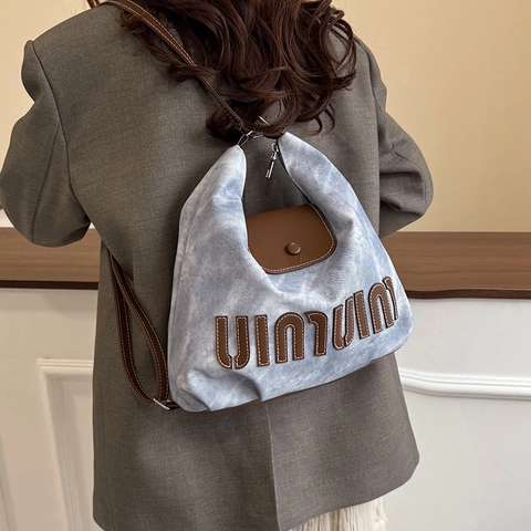 Sac à Épaule Femme en Toile Lavée Vintage Grande Capacité Sac à Dos Multifonctionnel Bandoulière Sac Hobo Cuir PU