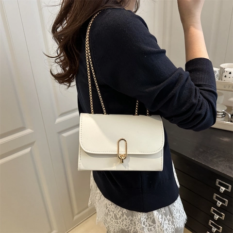 Women PU Leather Crossbody Bag Fashion Metal Chain Strap Oval Lock Flap Shoulder Handbag Elegant Rectangular