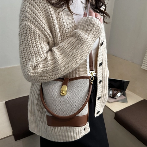 Sac Seau de Mode en Cuir PU et Toile pour Femmes Sac à Bandoulière Retro Color Block Avec Serrure en Métal Doré Sacoche