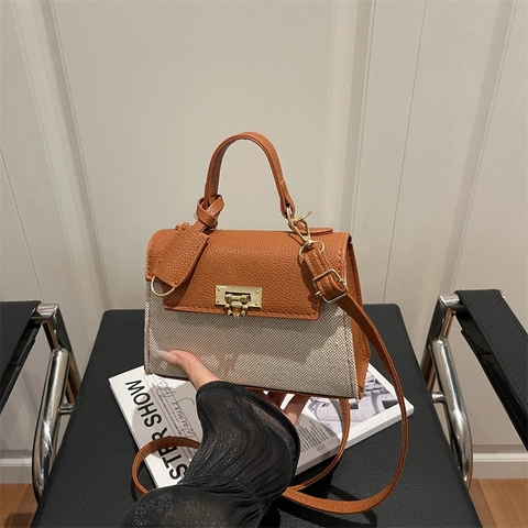 Bolso de Hombro para Mujer Color de Contraste Cuero PU Lona Patchwork Bandolera Cuadrado Pequeño Con Cierre de Cerradura Dorado