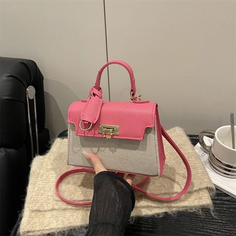 Bolso de Mano Pequeño Cuadrado para Mujer de PU y Lona Patchwork Color Contraste con Bloqueo Bolso al Hombro Cruzado