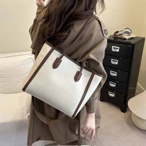 Bolso Tote de Mujer Gran Capacidad de Cuero PU Bloque de Color Vintage Bolso de Hombro Casual para Oficina y Uso Diario