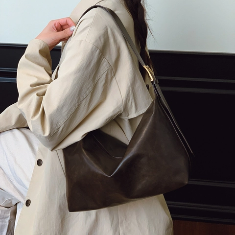 Women Fashion Large Capacity Crossbody Bag Minimalist Solid Color PU Leather Hobo Shoulder Bag With Adjustable Strap