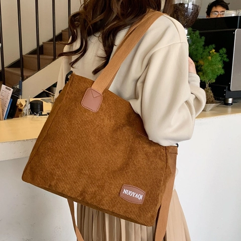Bolso Tote de Pana de Gran Capacidad para Mujer Bolso de Hombro Casual Retro Color Sólido Bolso Cruzado Cierre de Cremallera