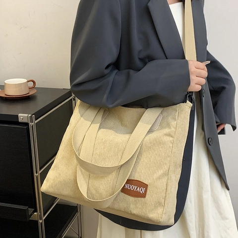 Bolso Tote de Pana de Gran Capacidad para Mujer Bolso de Hombro Casual Retro Color Sólido Bolso Cruzado Cierre de Cremallera