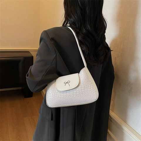 Borsa Sottobraccio Effetto Coccodrillo Vintage Da Donna Borsa A Tracolla In Pelle PU Minimalista Con Fiocco In Metallo