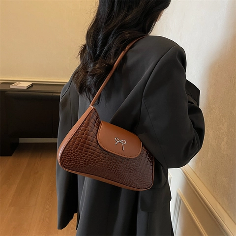 Borsa Sottobraccio Effetto Coccodrillo Vintage Da Donna Borsa A Tracolla In Pelle PU Minimalista Con Fiocco In Metallo