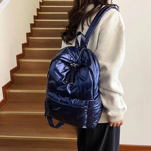 Korean Style Fashion Quilted Metallic Puffy Backpack For Women Shiny Large Capacity School Travel Bag Solid Color