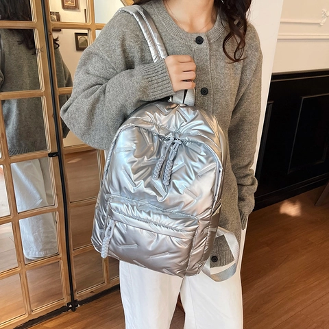 Korean Style Fashion Quilted Metallic Puffy Backpack For Women Shiny Large Capacity School Travel Bag Solid Color