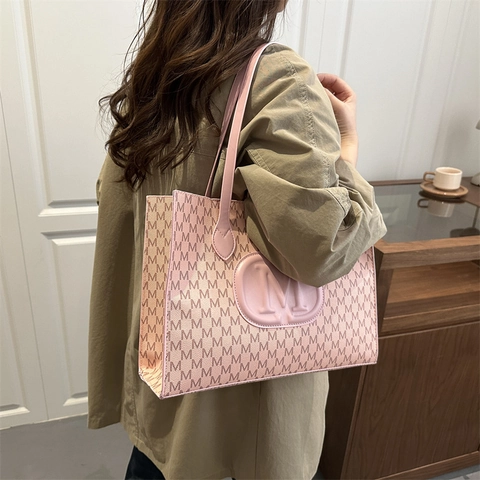 Women Retro PU Leather Large Capacity Tote Bag M Monogram Print 3D Embossed Logo Simple Casual Shoulder Bag