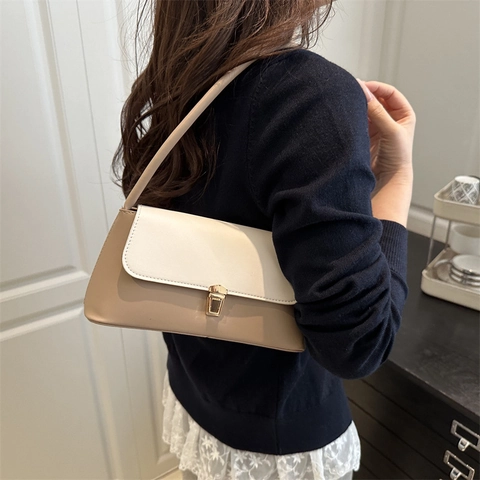 Women Vintage Contrast Color PU Leather Underarm Bag Fashion Minimalist Shoulder Bag With Metal Lock Daily Commute Handbag