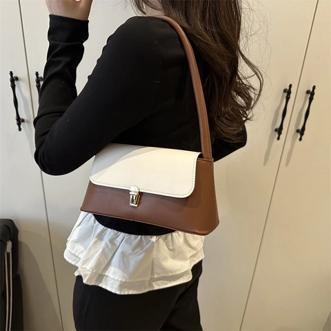 Women Vintage Contrast Color PU Leather Underarm Bag Fashion Minimalist Shoulder Bag With Metal Lock Daily Commute Handbag