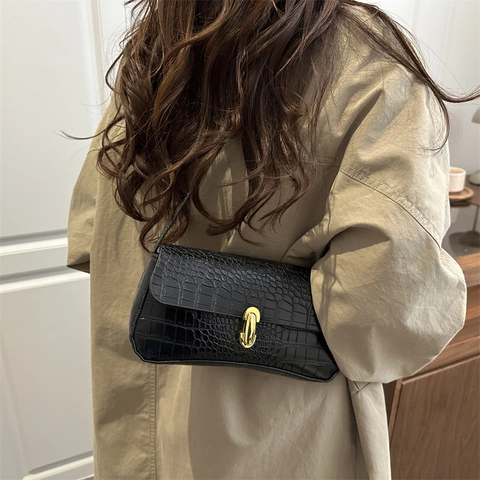 Vintage Krokodilmuster Umhängetasche Für Damen PU Leder Unterarmtasche Mit Goldnem Metallschloss Elegante Straßen-Trend Tote