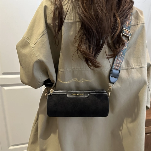 Borsa a Tracolla a Cilindro Vintage da Donna Con Tracolla Larga Etnica Retro Pelle PU Tessuto Camoscio Borsa a Cilindro Casual per Donna