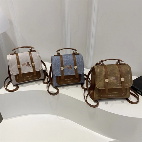 Mini Zaino da Donna con Ricamo a Forma di Gatto in Tela Patchwork Pelle PU Piccola Borsa a Tracolla Scuola Viaggio Accessorio