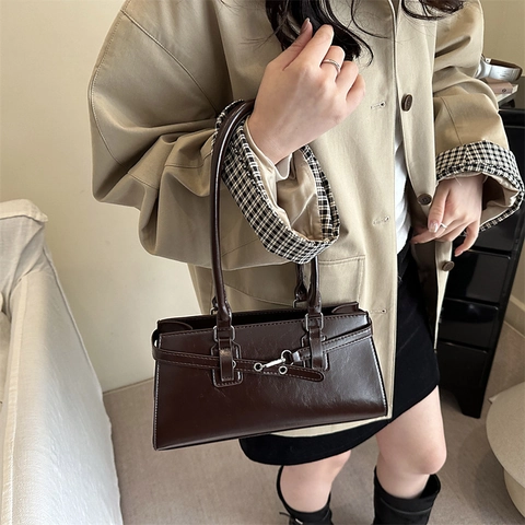 Borsa Sottobraccio in Pelle PU Retro da Donna Borsa a Spalla Rettangolare Con Fibbia in Metallo Borsa Baguette Urban Fashion
