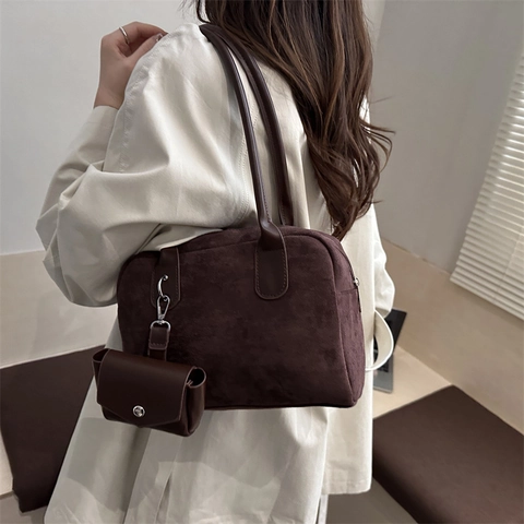 Retro Suede Shoulder Bag With Mini Pouch Solid Color Large Capacity Tote Bag For Women Casual Winter Fashion