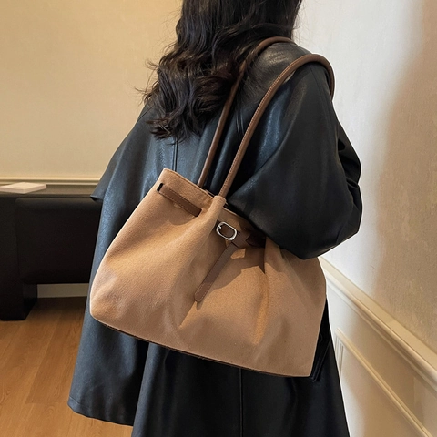Borsa Tote Da Donna Grande Capacità Pelle PU Smerigliata Trama Scamosciata Borsa A Spalla Con Cintura Decorativa Fibbia Magnetica