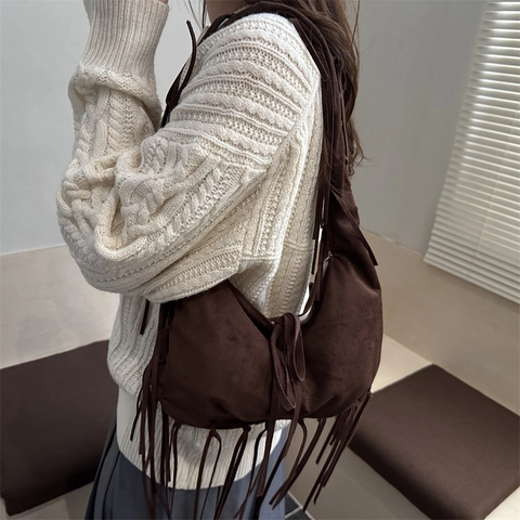 Bohemian Fringe Hobo Shoulder Bag For Women Faux Suede Tassel Tote Bag Large Capacity Retro Solid Color Minimalist Bag