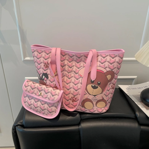 Grand Sac Fourre-tout en Cuir PU pour Femme Ensemble Imprimé Géométrique Chevron Ours Dessin Animé Sac à Épaule