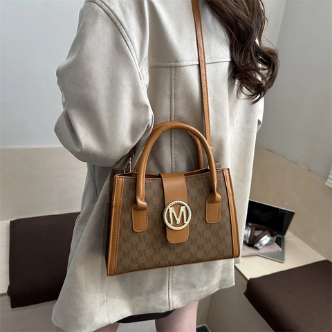 Vintage PU Leather Letter M Monogram Handbag For Women Fashion Metal Logo Shoulder Crossbody Bag Casual Tote Satchel Purse