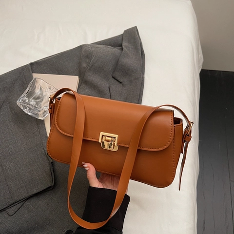 Sac À Épaule Baguette Femmes Cuir PU Boucle Métal Doré Rabat Sac Sous L'Aisselle Rétro Minimaliste Style Commuter Élégant