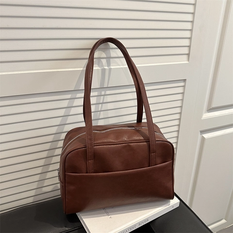 Bolso de Hombro Boston de Cuero PU Vintage para Mujer Minimalista Casual Bolso de Axila de Gran Capacidad Bolso de Mano Cremallera Diario