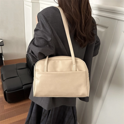 Bolso de Hombro Boston de Cuero PU Vintage para Mujer Minimalista Casual Bolso de Axila de Gran Capacidad Bolso de Mano Cremallera Diario