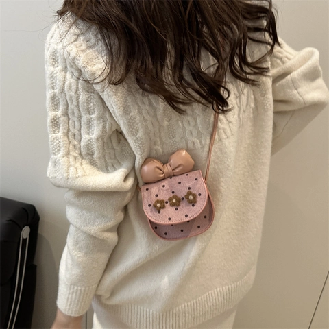 Mini PU-Leder Kinder Umhängetasche Für Mädchen Punktmuster Schleife Blume Kleine Mode Quadratische Schultertasche