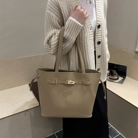 Large Capacity PU Leather Tote Bag For Women Vintage Shoulder Handbag With Metal Lock Clasp Drawstring Office Commuter Bag