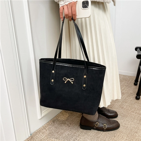 Borsa Tote Minimalista in Scamosciato e Velluto a Coste Donna Grande Capacità Vintage Fiocco Oro Borsa a Spalla Inverno