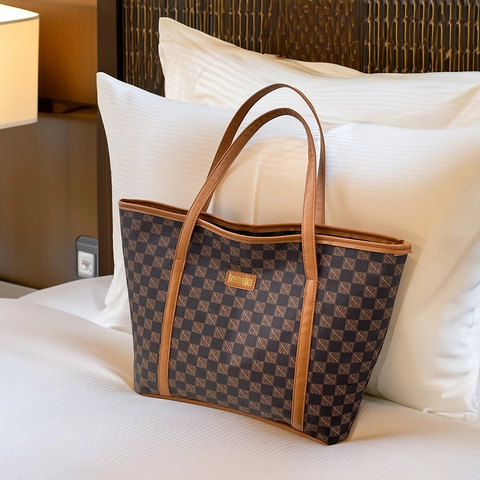 Fashion Women Large Capacity Tote Bag PU Leather Geometric Monogram Print Shoulder Bag Casual Office Commuter Handbag