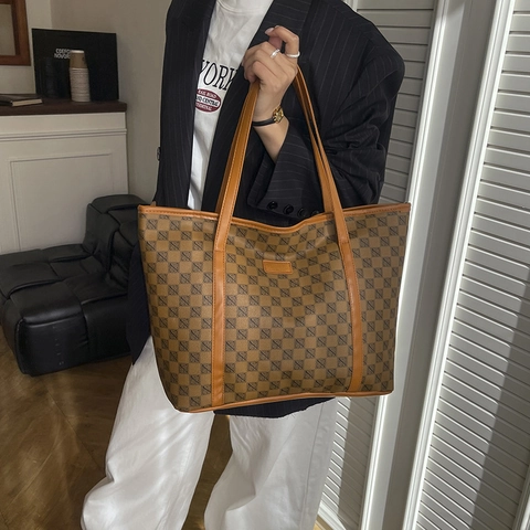 Fashion Women Large Capacity Tote Bag PU Leather Geometric Monogram Print Shoulder Bag Casual Office Commuter Handbag