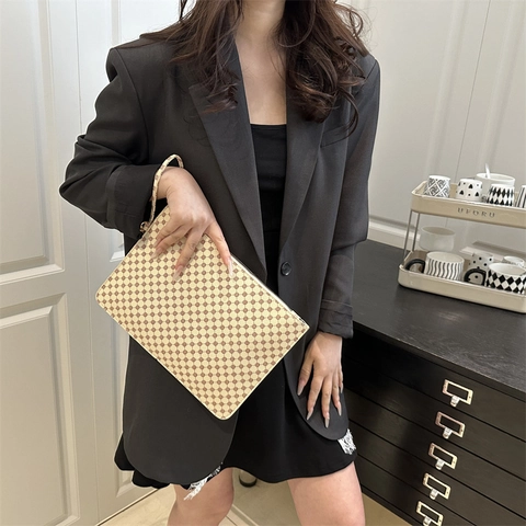 Pochette a Busta da Donna in Pelle PU Tendenza Vintage Stampa Geometrica Borsa da Polso Con Cerniera per Festa Ufficio