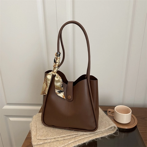 Borsa Tote da Donna in Pelle PU Grande Capacità Minimalista Borsa a Spalla Con Sciarpa Decorativa Borsa a Mano Moda