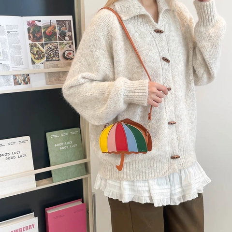 Women's Creative Umbrella Shaped Crossbody Bag Rainbow Patchwork PU Leather Mini Shoulder Bag For Daily Casual Fashion